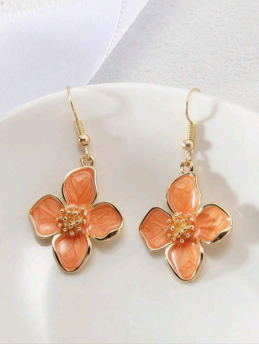 Gold-Edge Orange Flower Drop Earrings